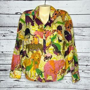 J. Crew Size 10 Jungle Animal Ratti Safari Print Cotton Popover Henley Shirt Top